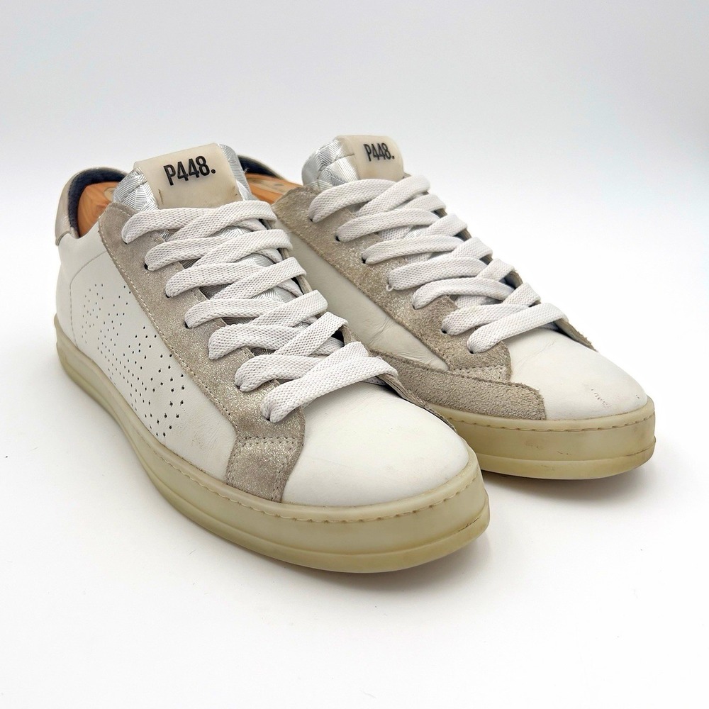P448 Surf Later Men's 9.5 White Gray Leather Low-Top Lace Up Sneakers Logo